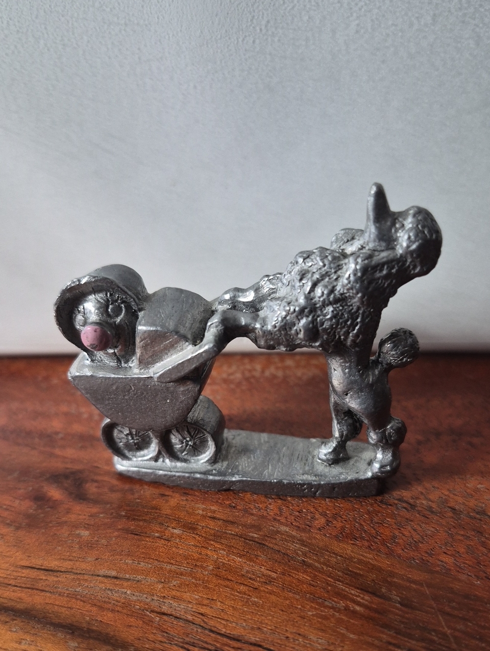Whimsical Pewter Poodle & Baby Carriage Figurine
